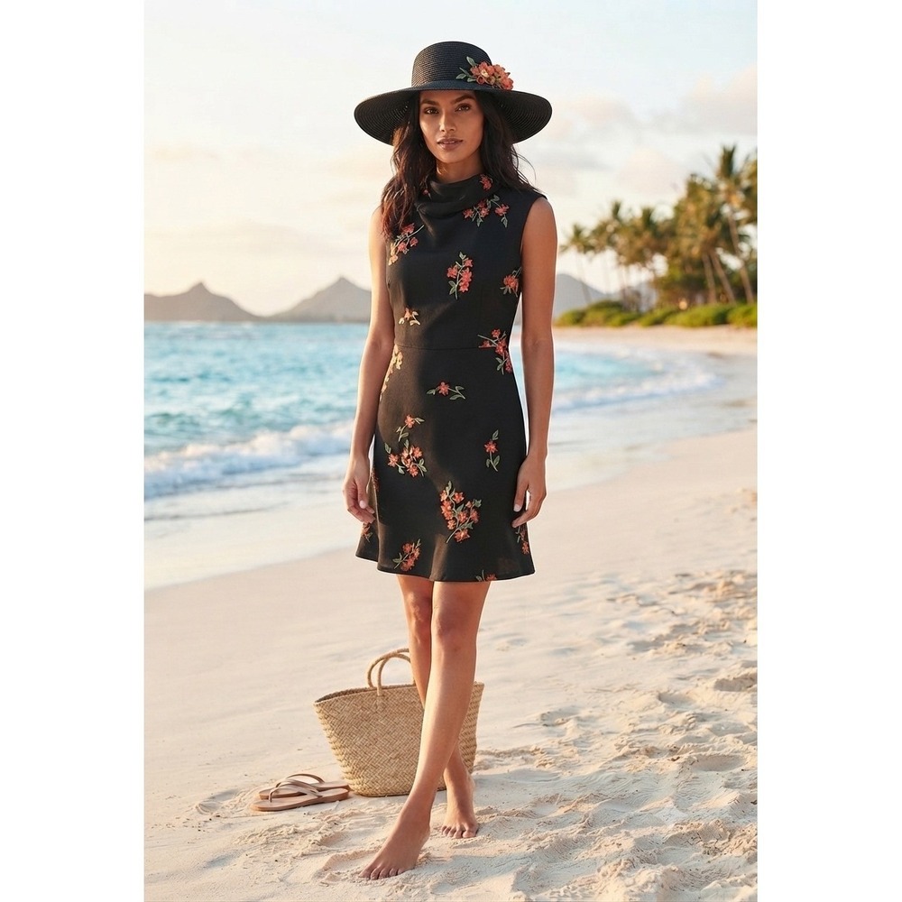 Ann Taylor Black Floral tropical Embroidered Mock Neck‎ Sheath Dress  0P NWT